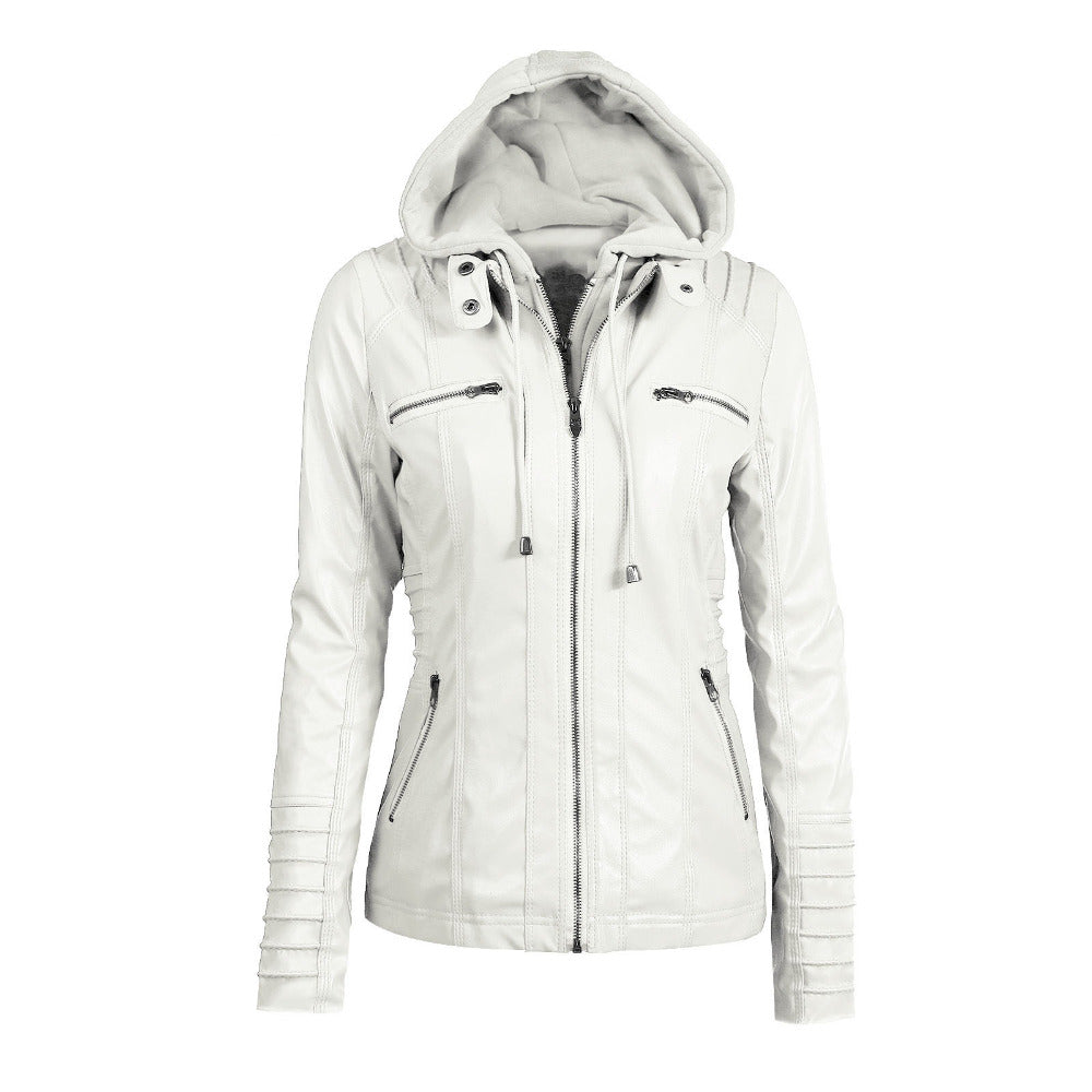 Stylish women's long-sleeved hooded leather jacket with zippers and pockets, perfect for chic biker looks.