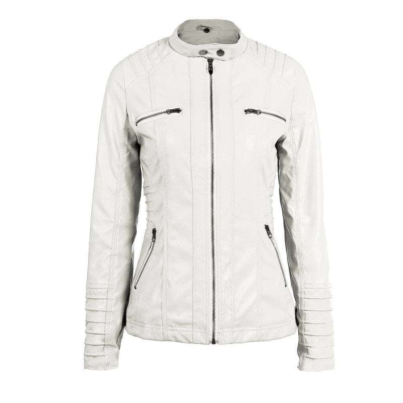 Stylish long-sleeved women's hooded PU leather jacket with zipper pockets, perfect for bikers.
