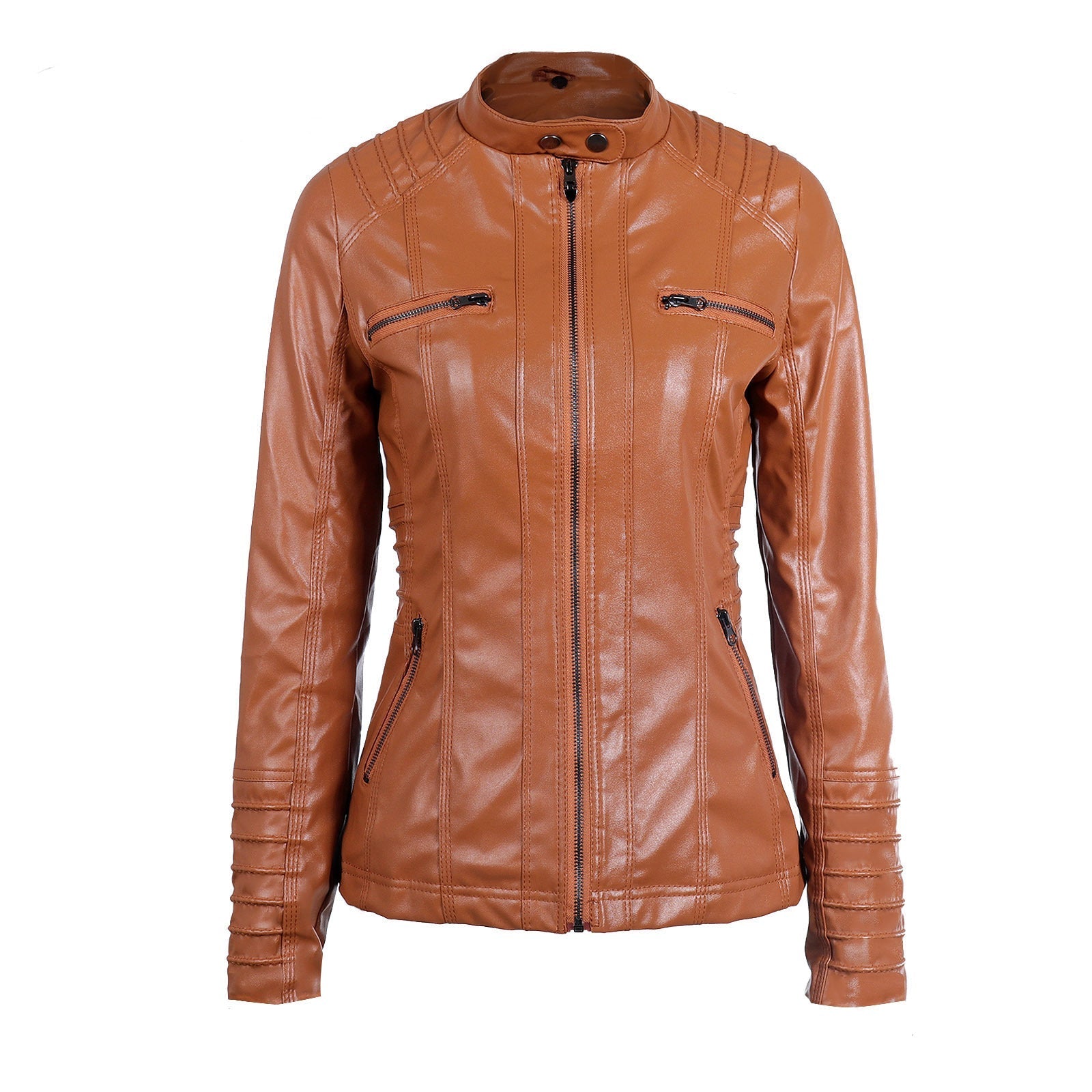Stylish women's brown long-sleeved hooded biker jacket with zippered pockets for practicality and comfort.