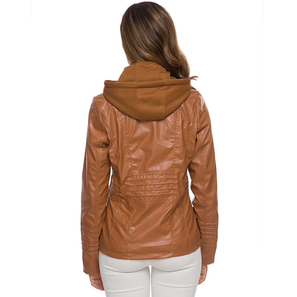 Back view of women's long-sleeved brown leather biker jacket with hood, showing stylish design and practical zippers.