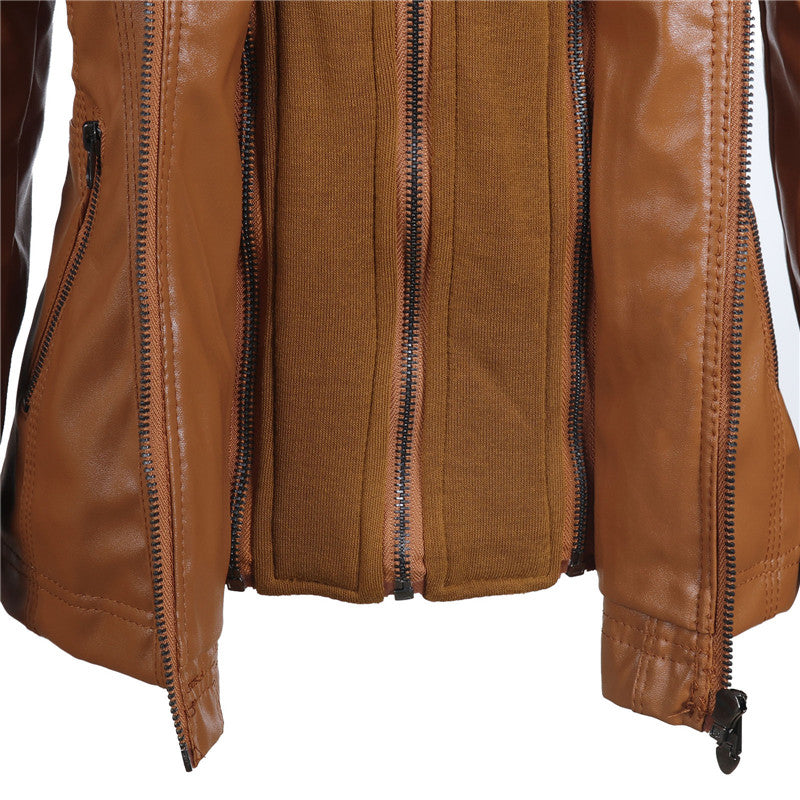 Close-up of a stylish brown leather jacket interior with zippers and soft lining, perfect for women.