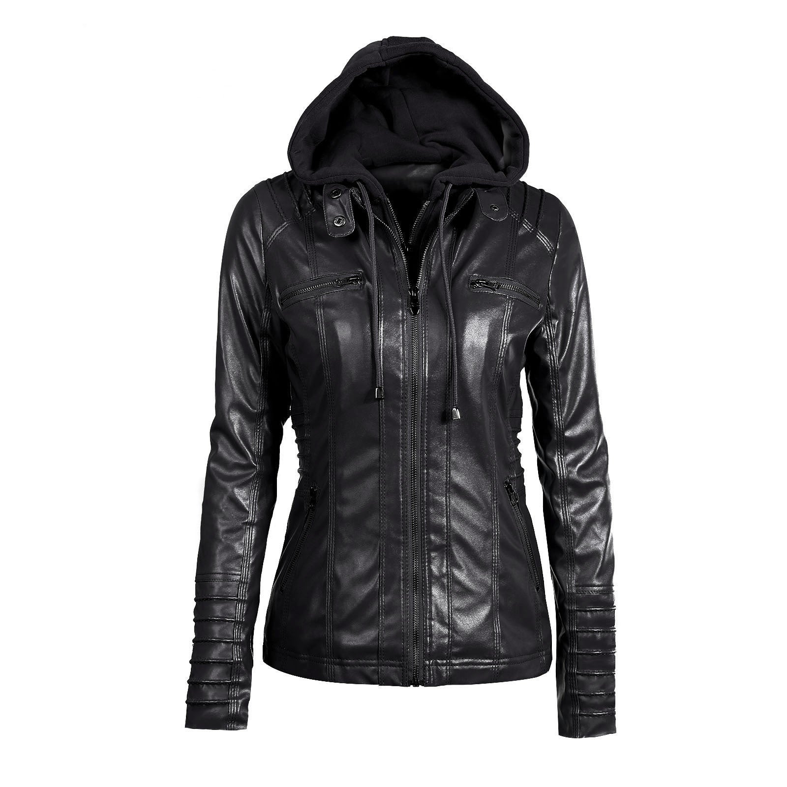 Women's long-sleeved black biker jacket with hood and zippers, perfect for style and comfort.