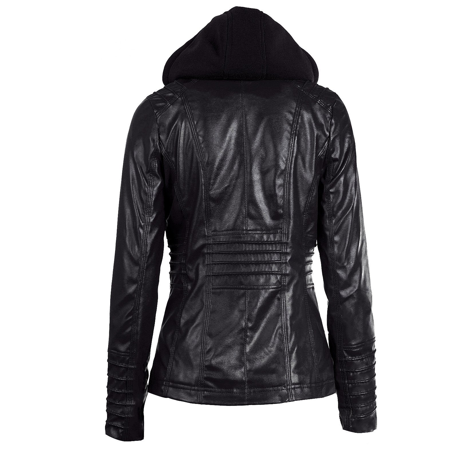 Back view of women's long-sleeved hooded leather jacket with stylish zippers and fitted design.