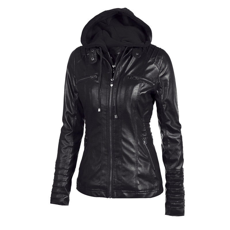Women's long-sleeved leather jacket with hood and practical zippers, perfect for stylish biking adventures.