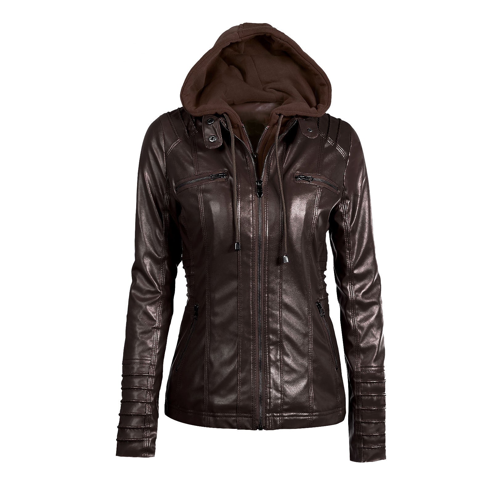Women’s long-sleeved hooded leather biker jacket with zippers and pockets in dark brown.