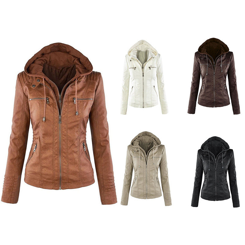 Stylish women's long-sleeved hooded PU leather biker jackets in various colors with zippers and pockets.