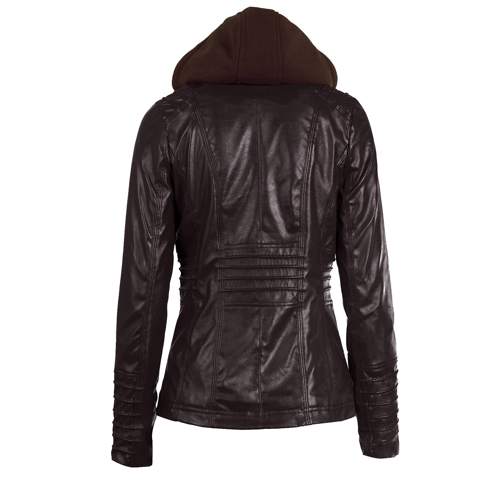 Back view of women's long-sleeved hooded leather biker jacket with detailed stitching and practical zippers.