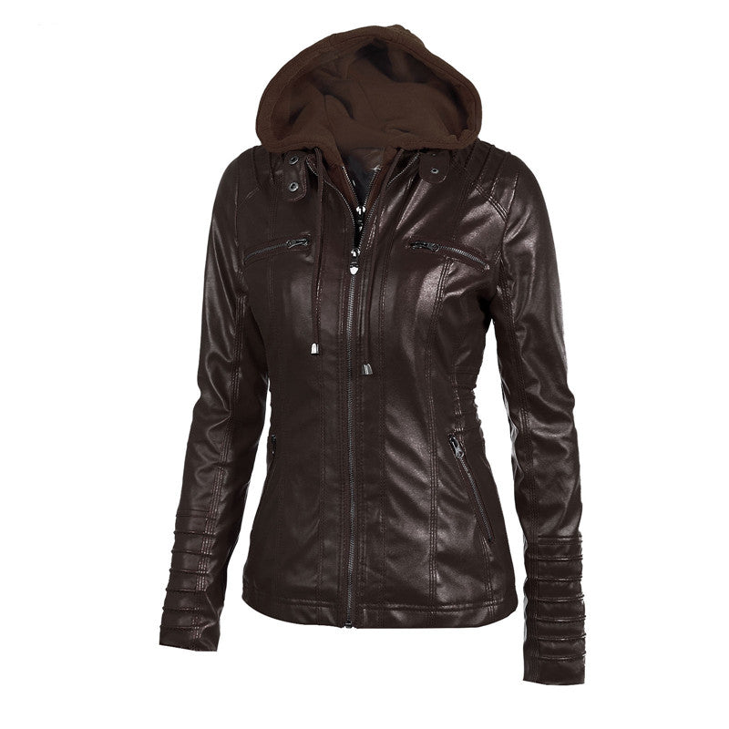 Women's long-sleeved leather jacket with hood and zippers, stylish biker jacket for comfort and practicality.