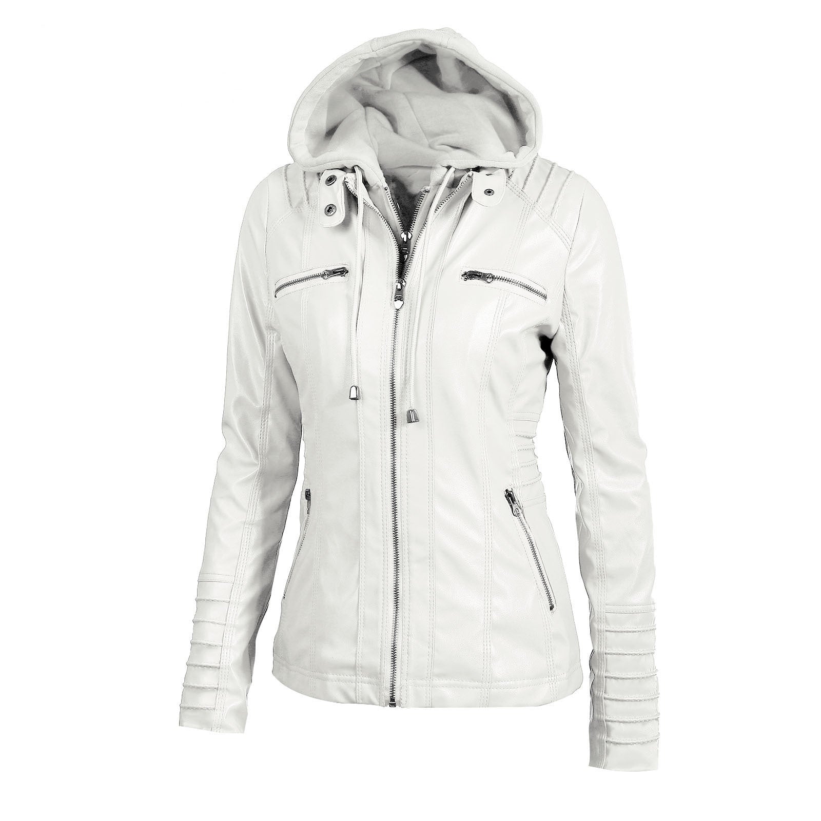 Stylish women's white long-sleeved hooded biker jacket with zippers and practical pockets.