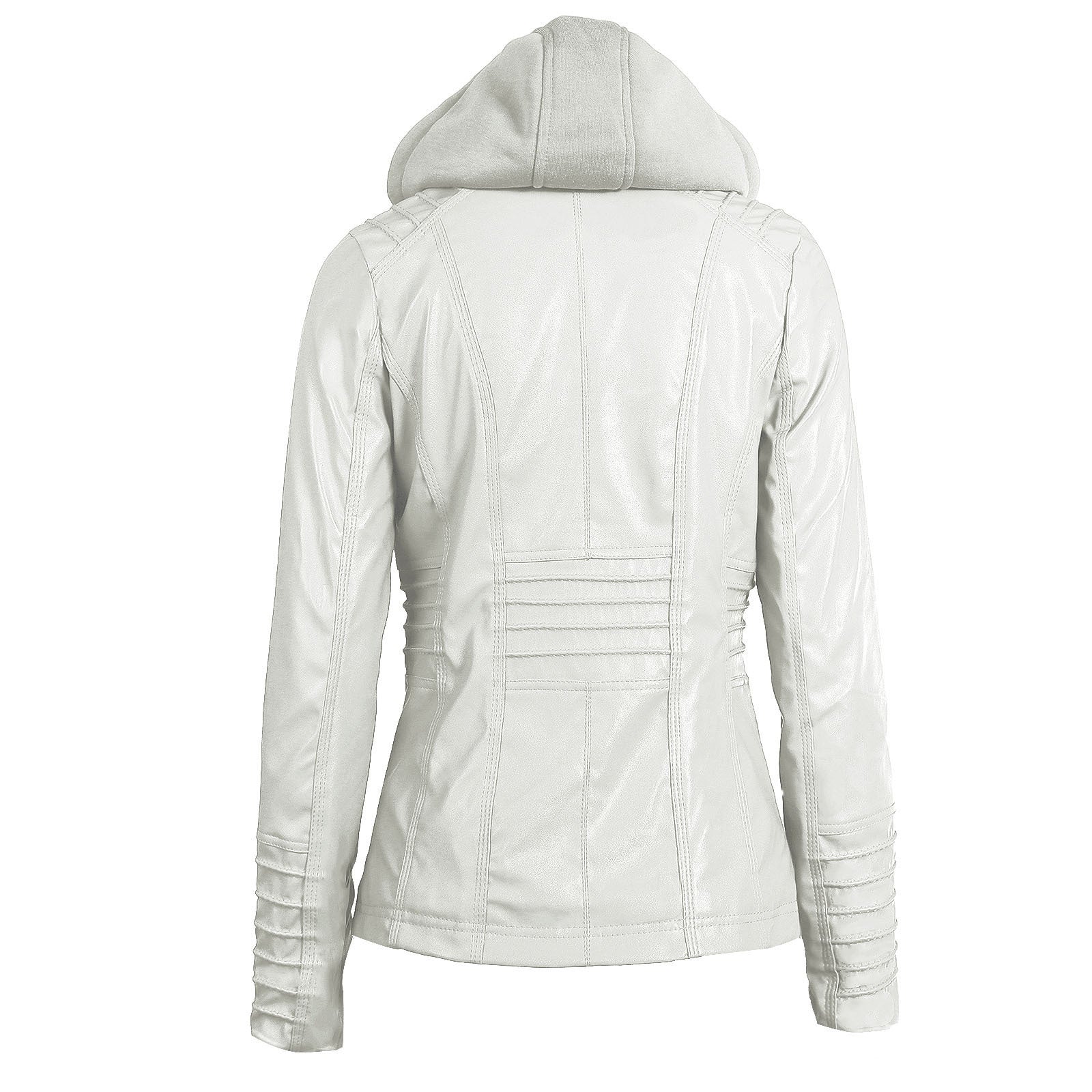 Back view of a women's long-sleeved hooded leather jacket with stylish zippers and a fitted design.