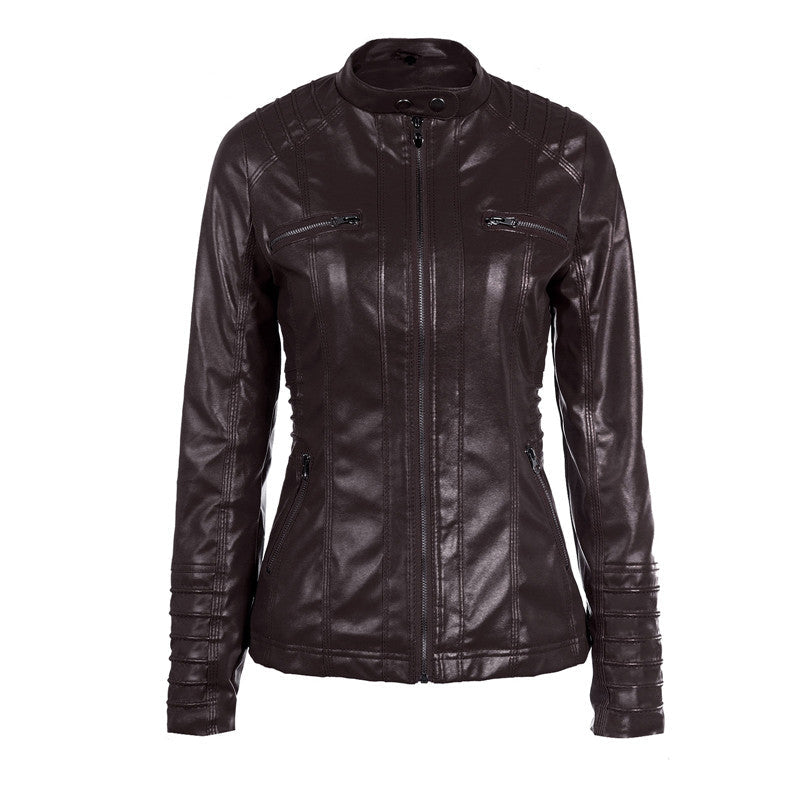 Women's long-sleeved hooded biker jacket in stylish dark leather, featuring practical zippers and a sleek design.