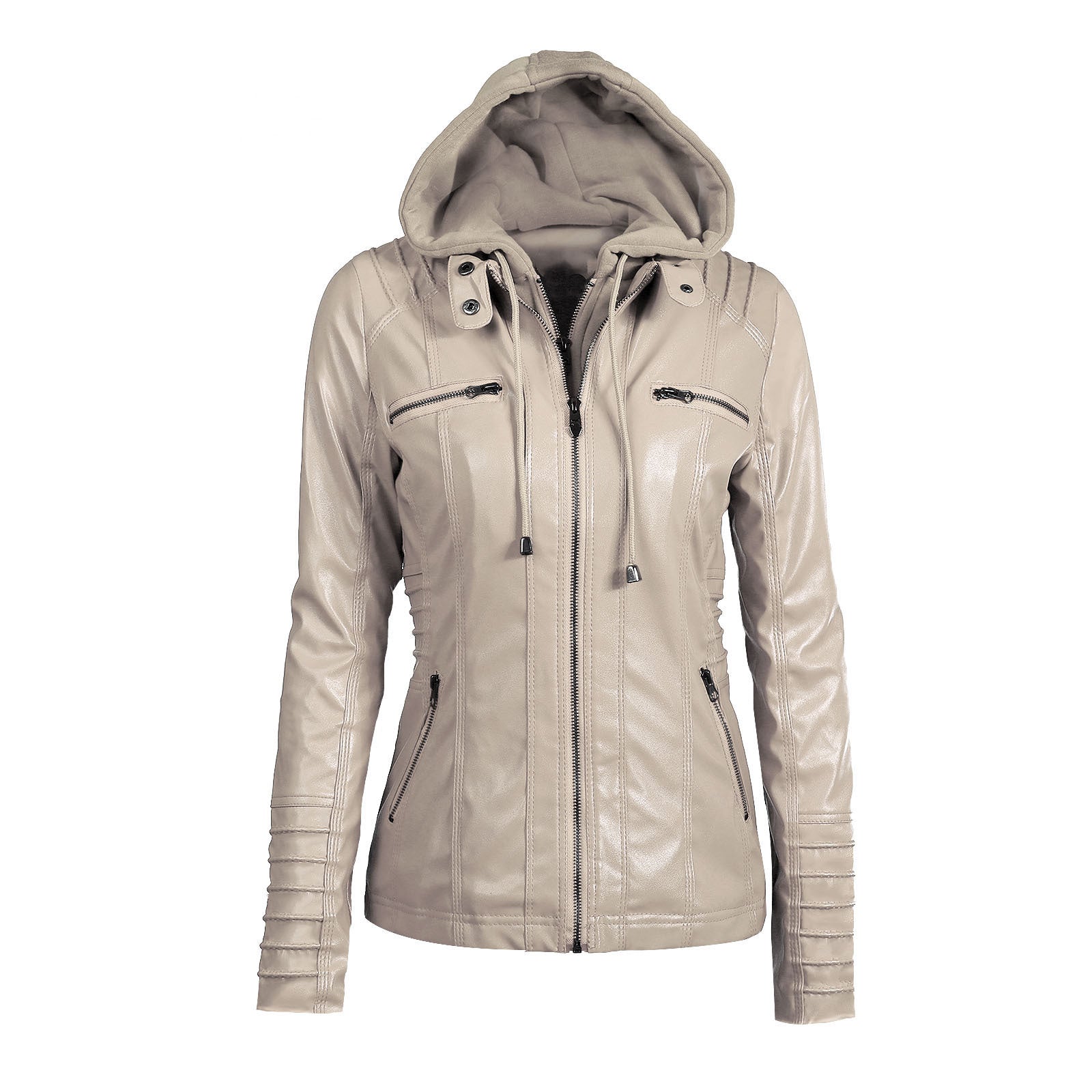 Women's long-sleeve hooded biker jacket in light beige with multiple zippers for style and practicality.