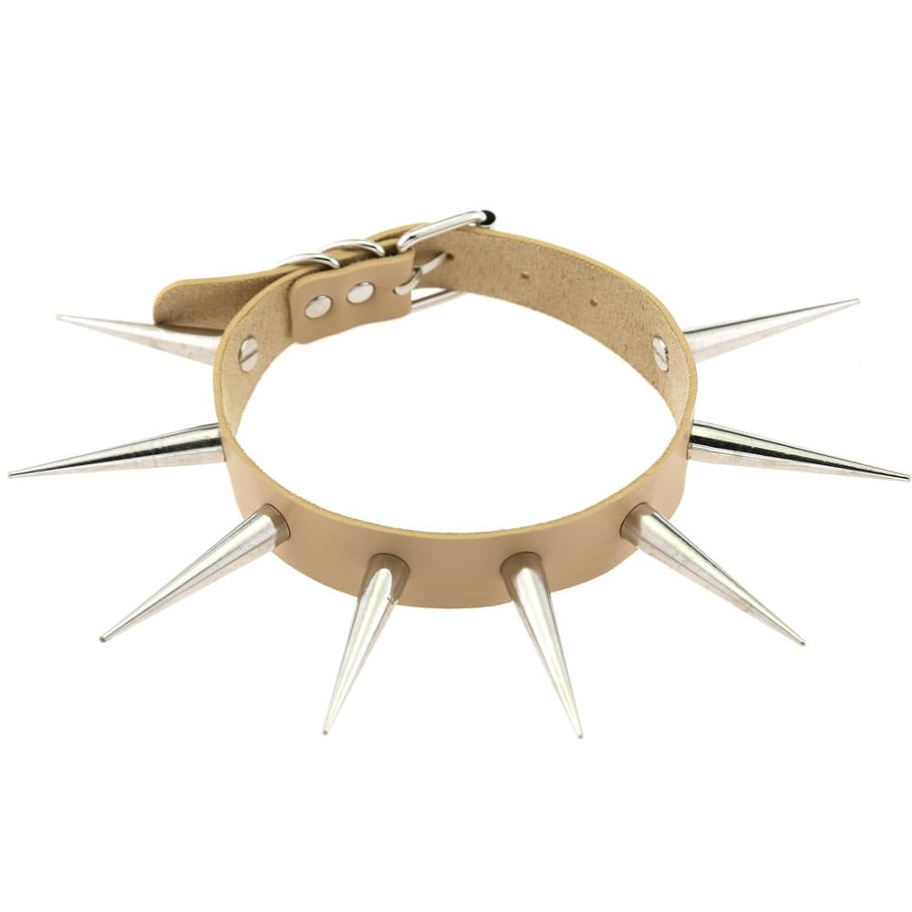 Long spiked punk choker collar with silver spikes, perfect for gothic jewelry and unisex alternative fashion.