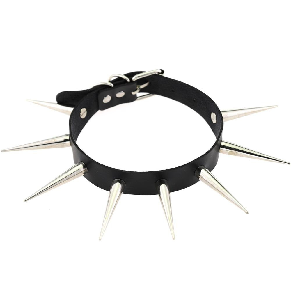 Long spiked choker punk collar with silver spikes, unisex goth jewelry for a bold alternative style.