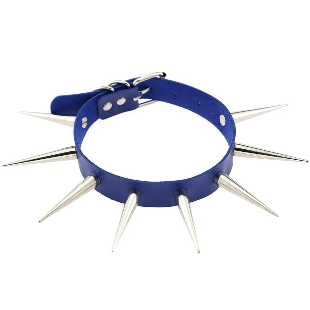 Blue spiked choker punk collar with silver spikes, unisex gothic jewelry for alternative fashion lovers.