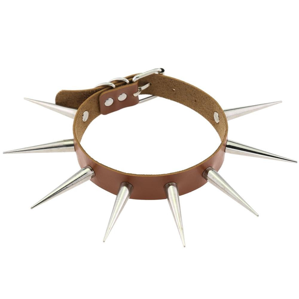 Long spiked choker punk collar with silver spikes, perfect unisex goth jewelry for an edgy style.