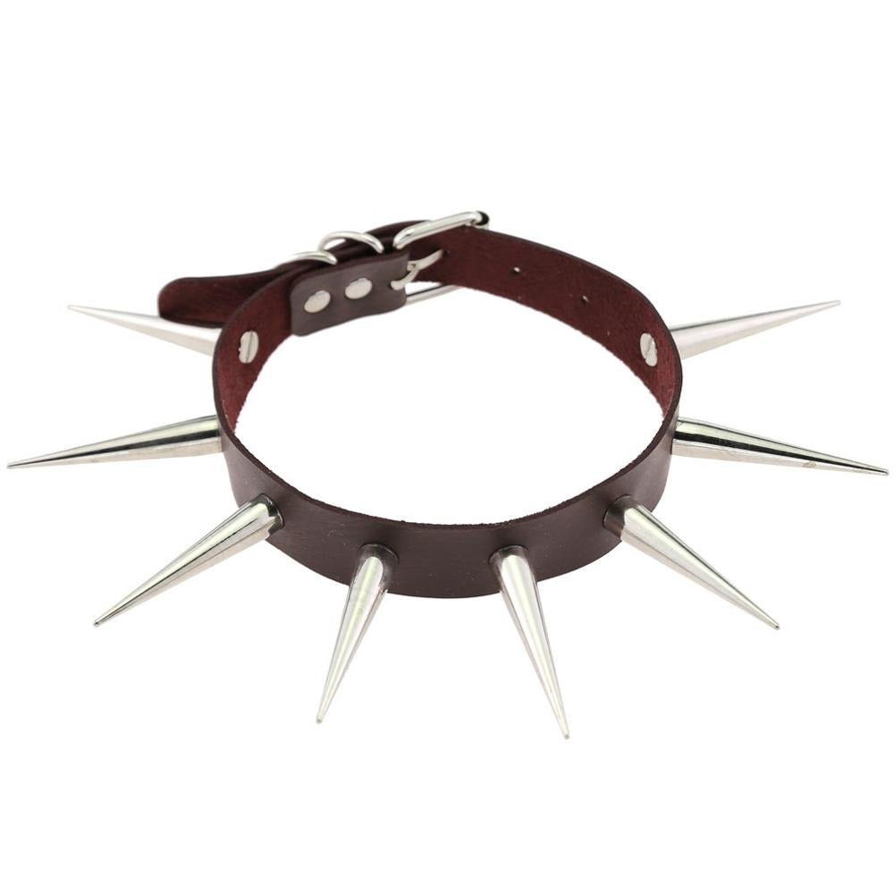 Long spiked punk choker collar in dark leather with silver spikes, perfect for alternative and goth fashion lovers.