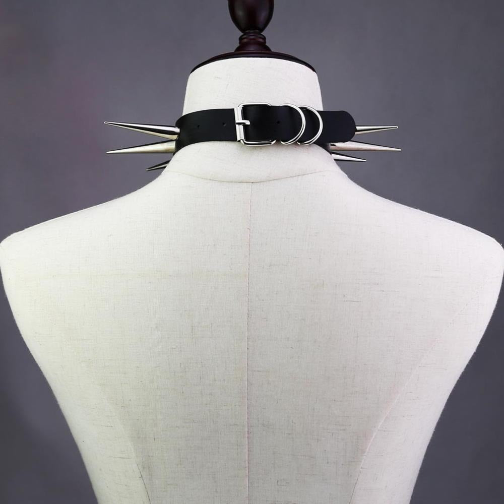 Long spiked choker collar showcasing black leather and silver spikes, perfect for punk and goth fashion.