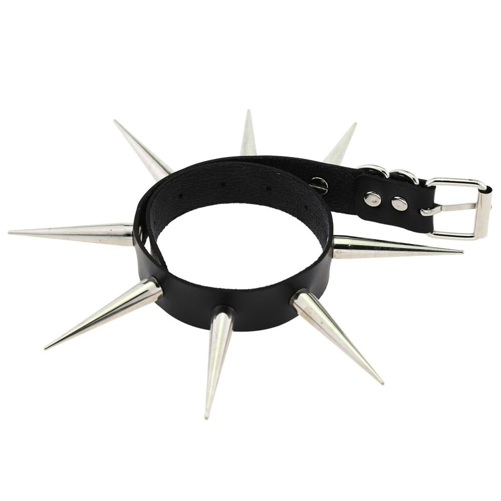 Long spiked choker punk collar with shiny spikes, bold gothic jewelry for a rockstar look.