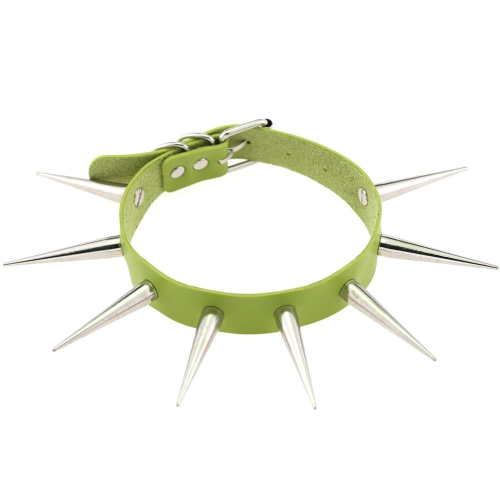 Long spiked choker in vibrant green, perfect punk collar for unisex gothic jewelry enthusiasts.