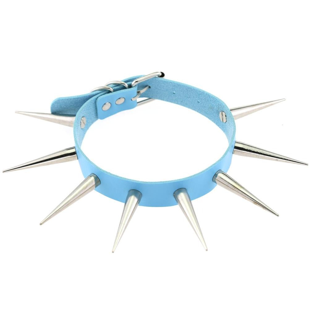 Blue spiked choker collar with silver spikes, perfect alternative punk jewelry for a bold unisex style.
