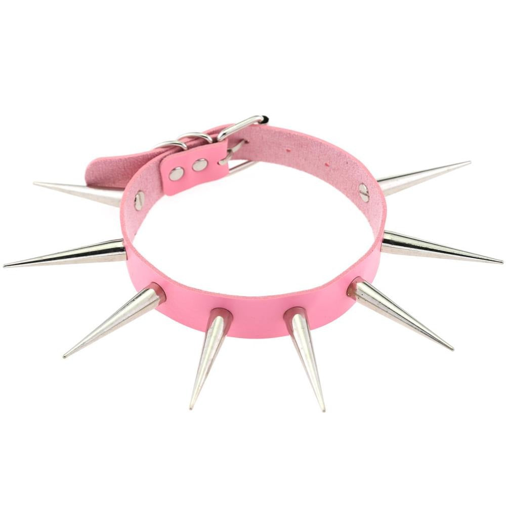 Pink spiked choker punk collar with metal spikes, perfect for goth and alternative fashion lovers.