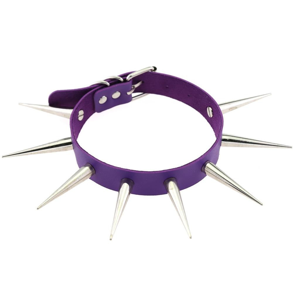 Purple spiked choker collar with silver spikes, perfect for punk and goth fashion enthusiasts.