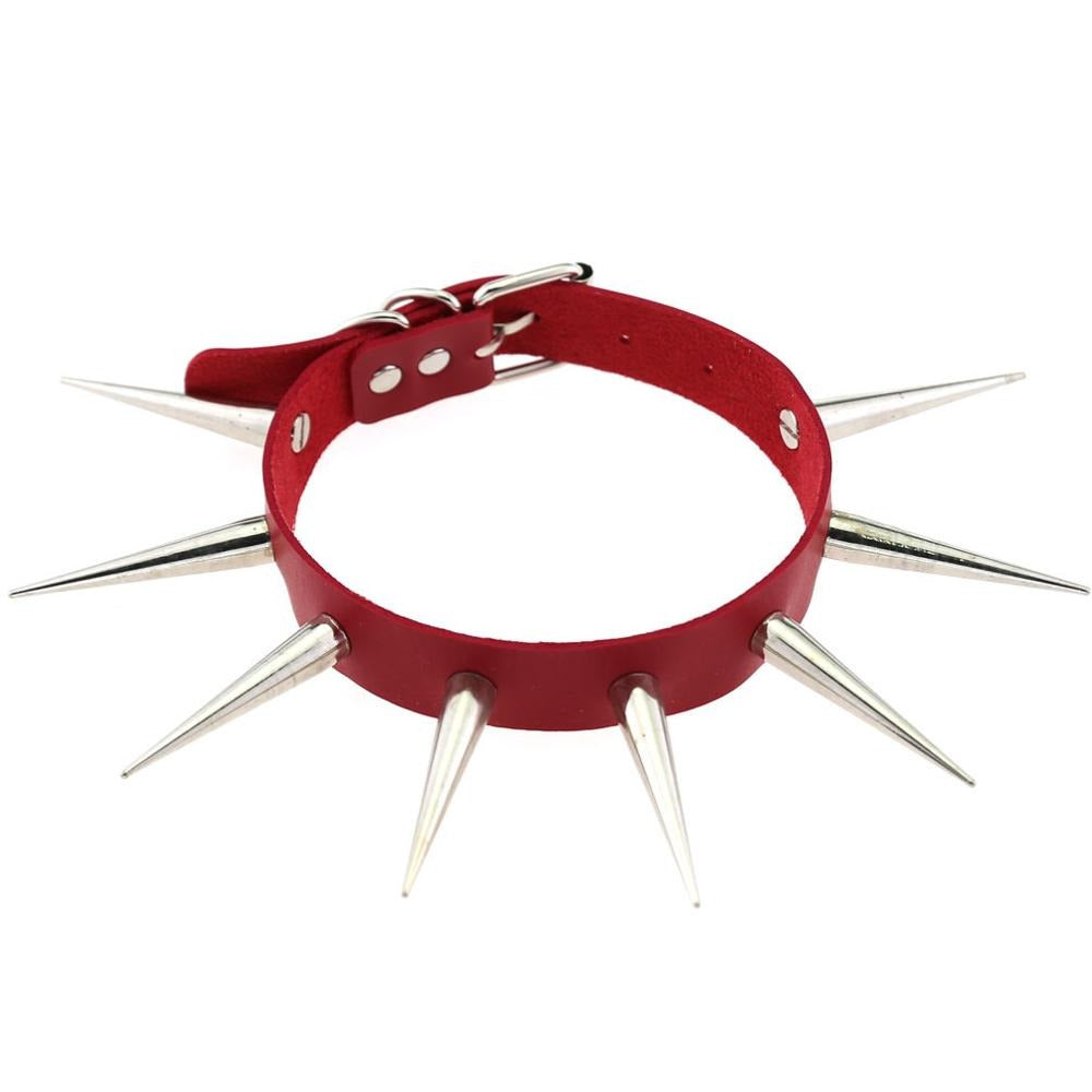 Long spiked choker punk collar in red with silver spikes, perfect unisex goth accessory for alternative style.