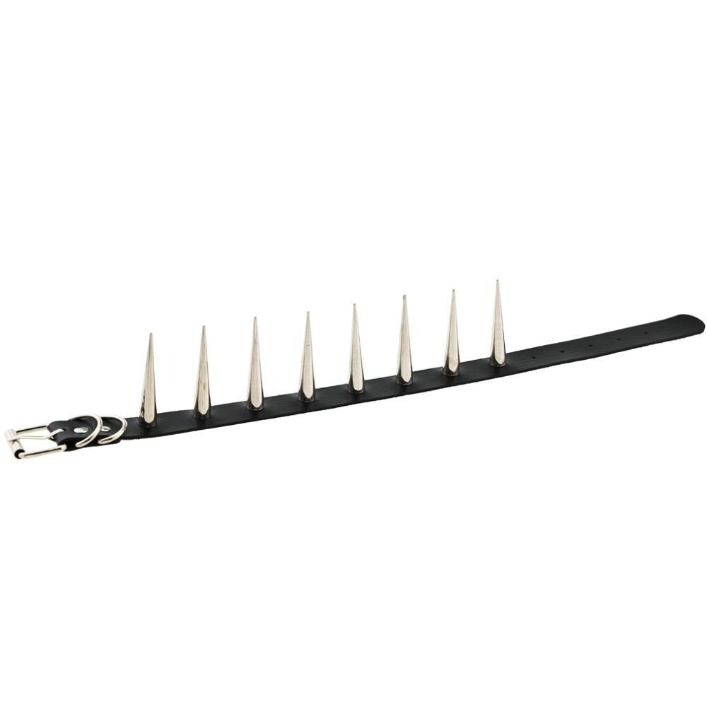 Long spiked punk choker collar in black, perfect for goth fashion and unisex wear.