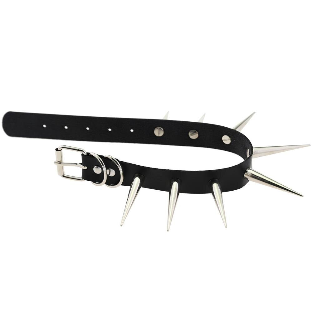 Black spiked punk collar with silver spikes and buckle, perfect for gothic and alternative fashion styles.