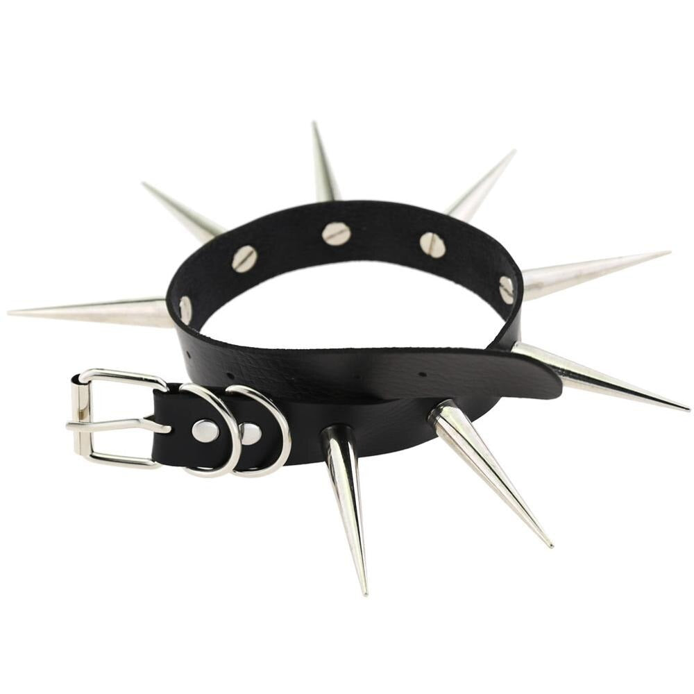 Long spiked punk collar choker in black leather with silver spikes, perfect gothic jewelry for unisex rockstar style.