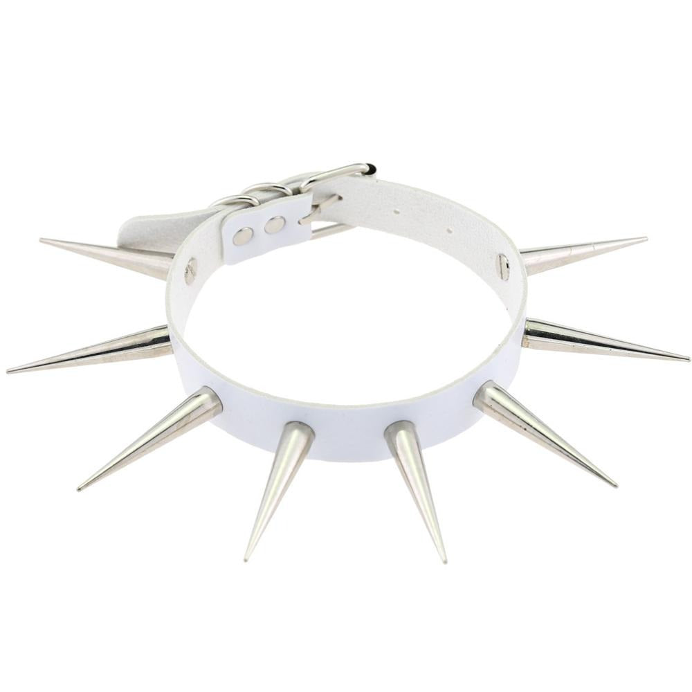 Long spiked choker punk collar in white with silver spikes, perfect for a gothic unisex look.