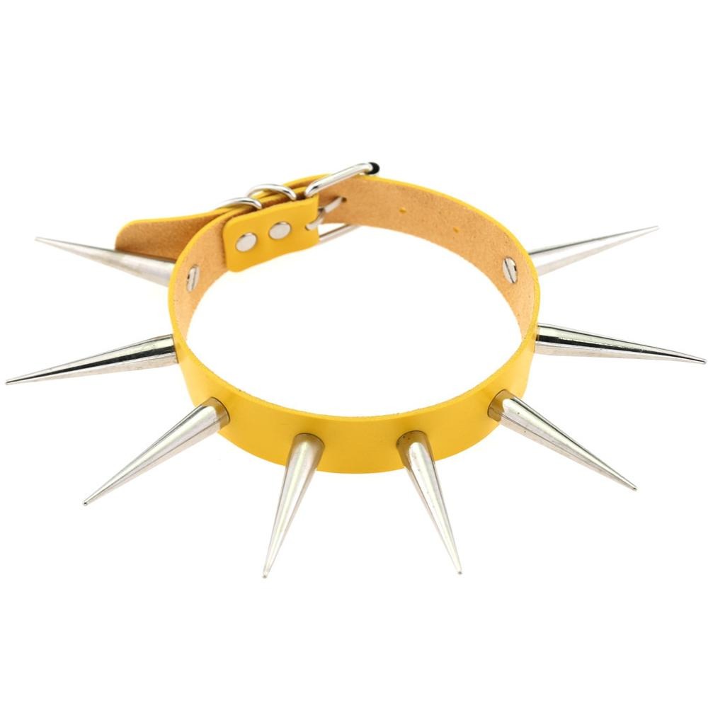 Long spiked yellow choker collar with silver spikes, perfect for punk and goth fashion enthusiasts.