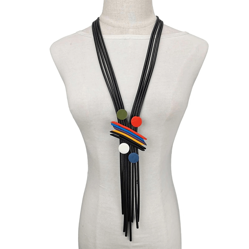 Chic long tassel necklace featuring colorful rubber pendants, adding a touch of luxury to any gothic outfit.