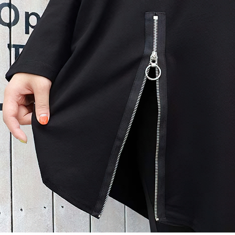 Asymmetrical black sweatshirt featuring stylish zipper detail and casual fit for women's trendy outfits.