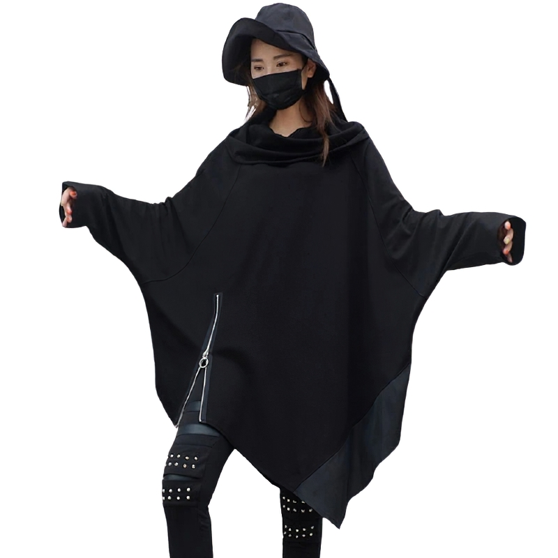 Oversized asymmetrical black sweatshirt with silver chain detail, perfect for casual stylish outfits.