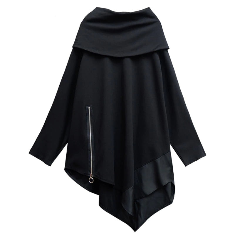 Loose fit oversized black sweatshirt with asymmetrical design and stylish zipper detail.