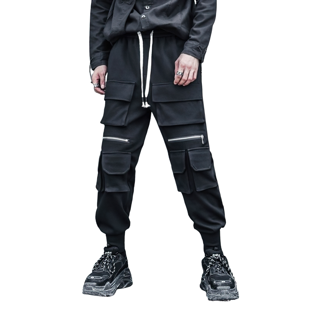 Loose men's black multi-pocket pants with elastic waist, perfect for casual and alternative fashion styles.