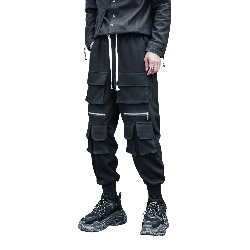 Loose men's black multi-pocket pants with elastic waist, perfect for casual wear and alternative fashion.