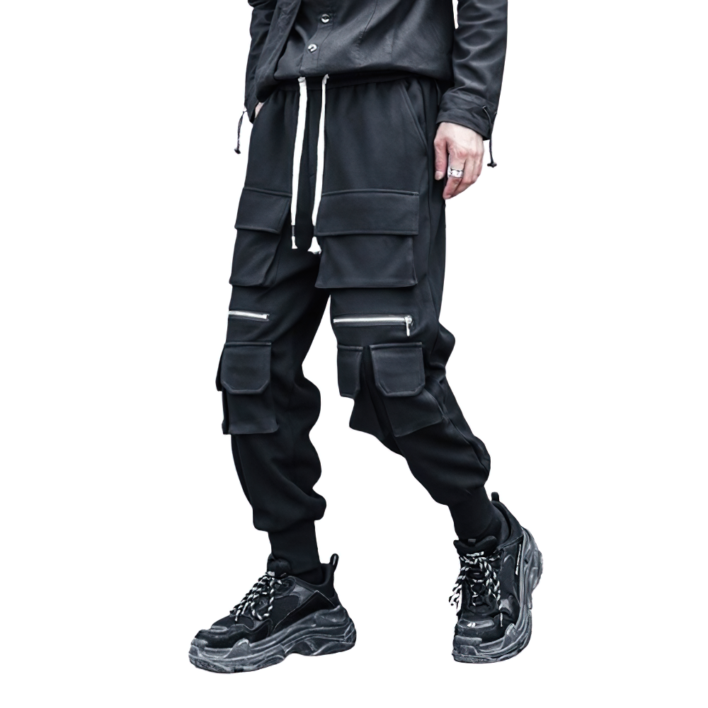 Loose Men's Multi-Pockets Pants Black Elastic Waist Trousers