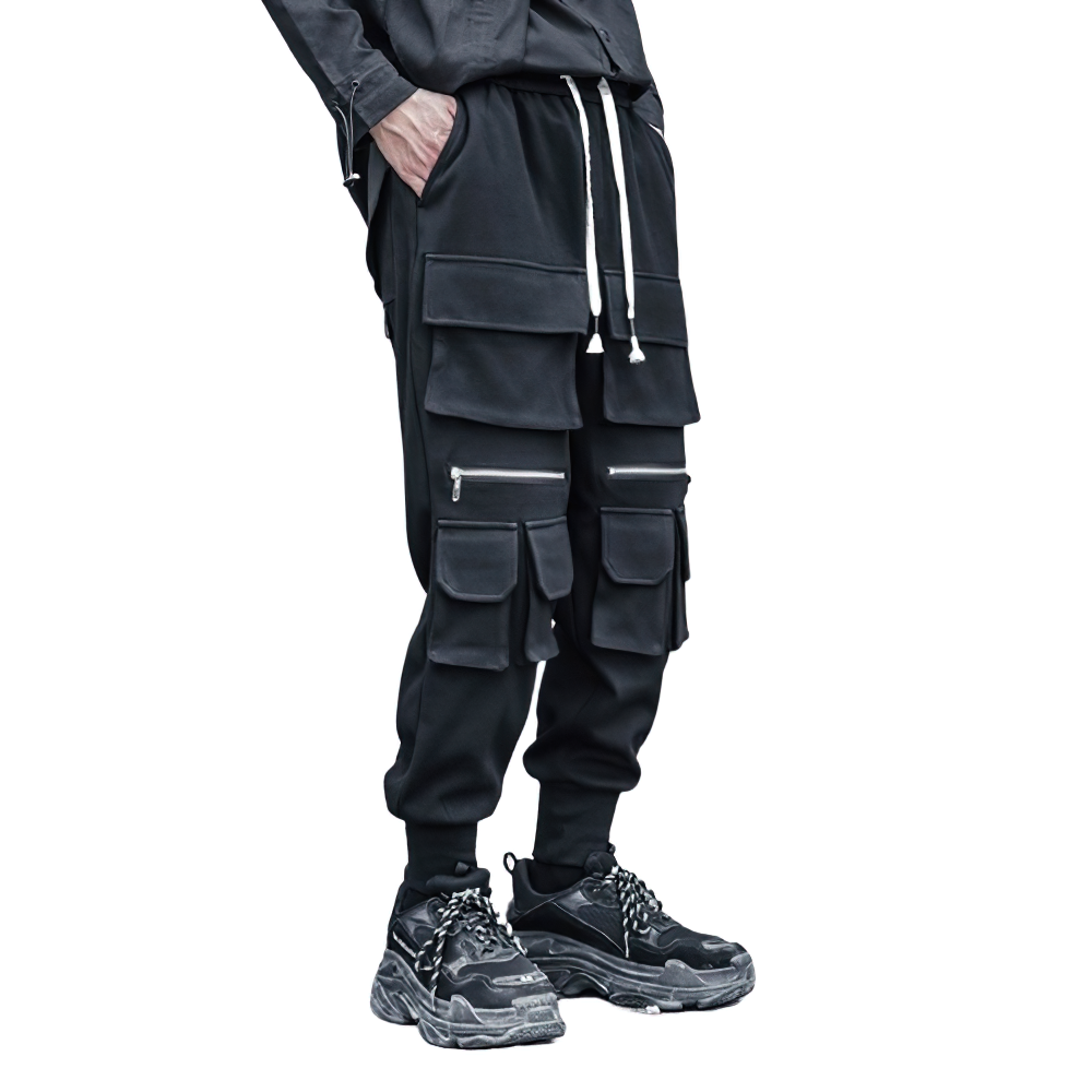 Men's black multi-pocket trousers with elastic waist, perfect for casual wear and alternative fashion.