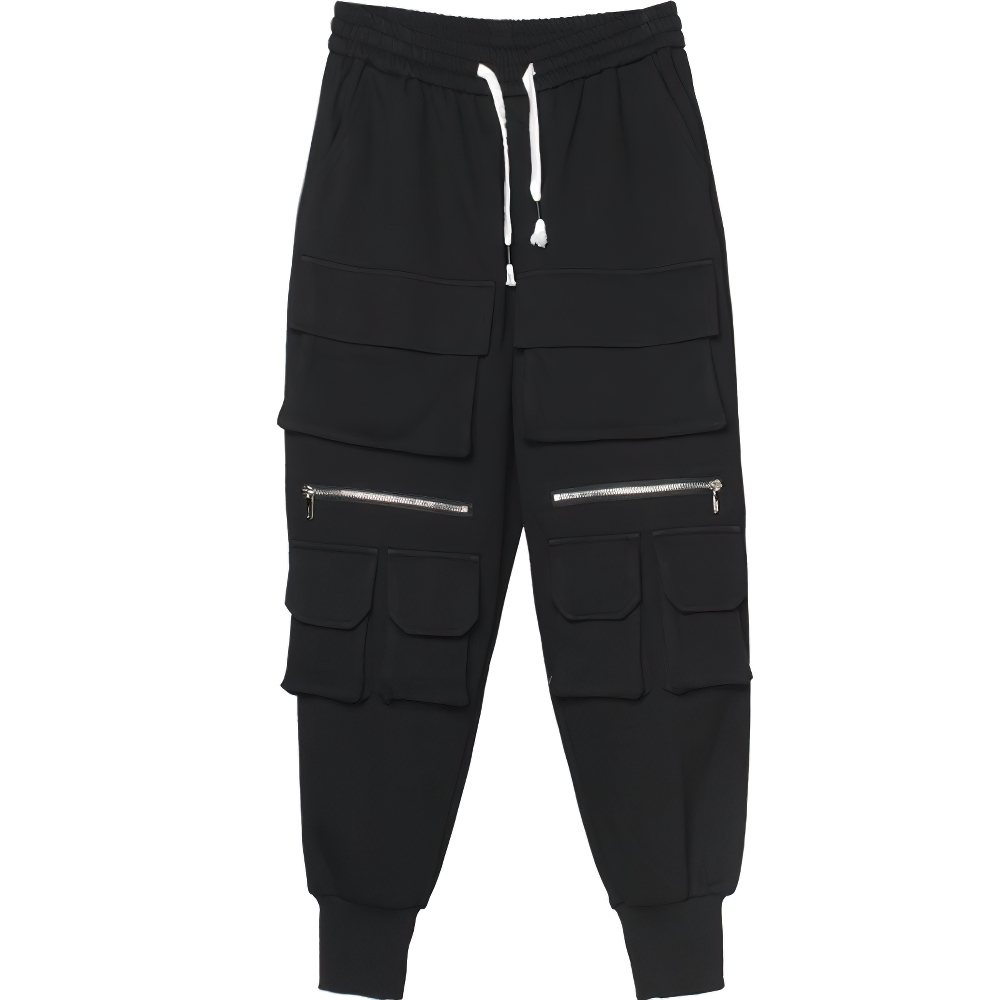 Men's black multi-pocket pants with elastic waist, perfect for casual comfort and alternative fashion.