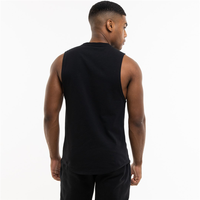 Men's loose sleeveless black cotton tank top showcasing a trendy alternative style from the back.