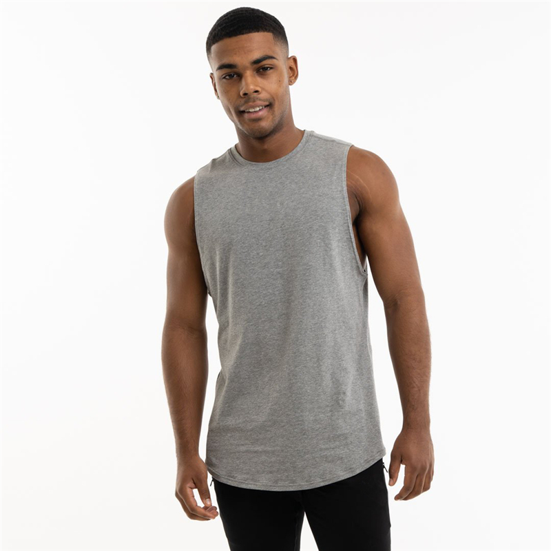 Men's loose sleeveless cotton tank top in gray, ideal for alternative style gym wear.