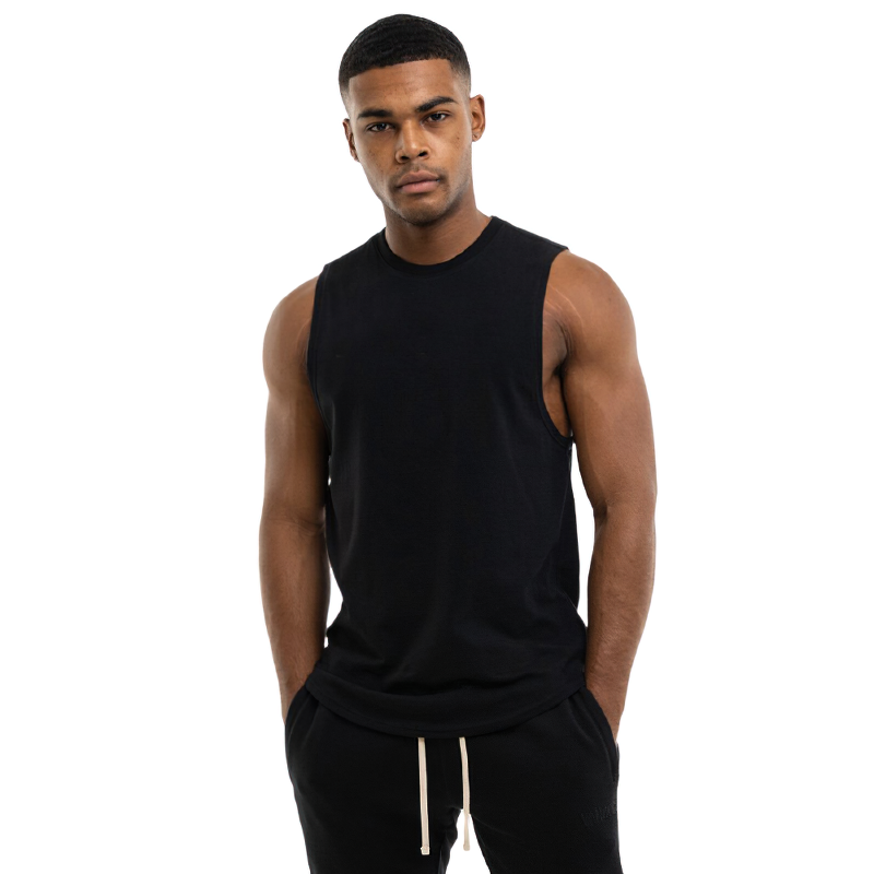 Stylish loose sleeveless cotton tank top for men in black, perfect for gym and alternative fashion.