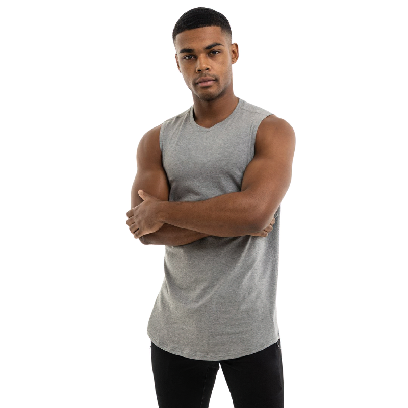 Trendy loose sleeveless cotton tank top for men in grey, perfect for alternative style gym clothing.