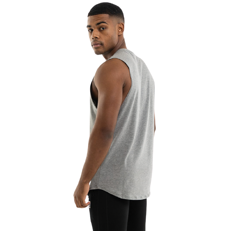 Men's loose sleeveless cotton tank top in grey, showcasing alternative style and comfortable fit for gym wear.