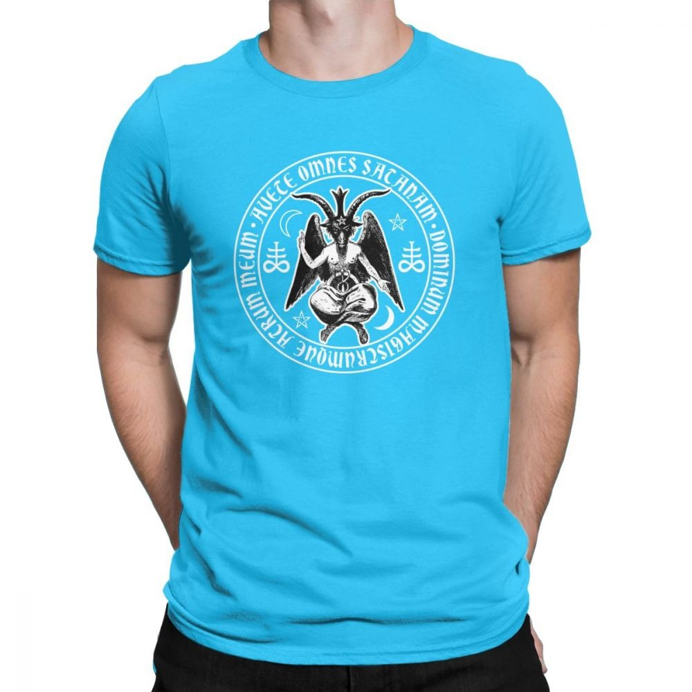 Lucifer symbol print T-shirt in vibrant blue, showcasing an alternative rock style, perfect for edgy fashion outfits.