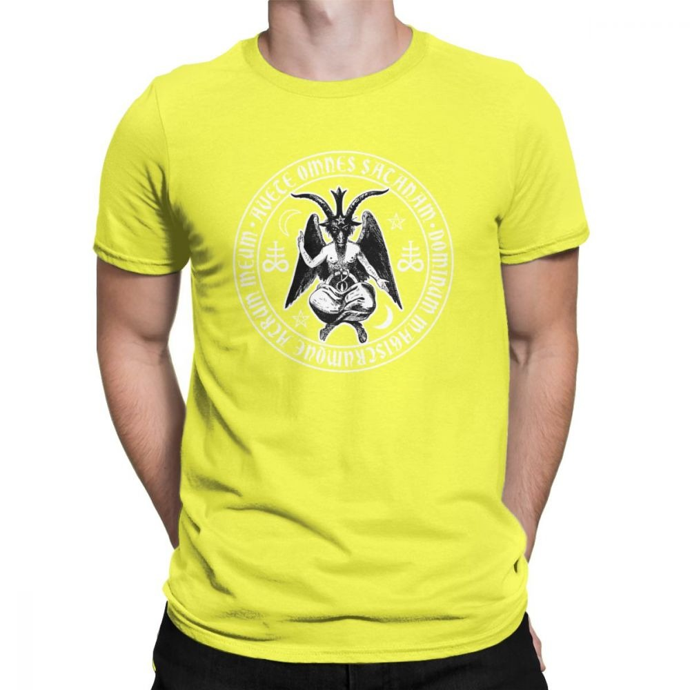 Lucifer symbol print T-shirt in vibrant yellow, perfect for alternative fashion and rocking cool looks.