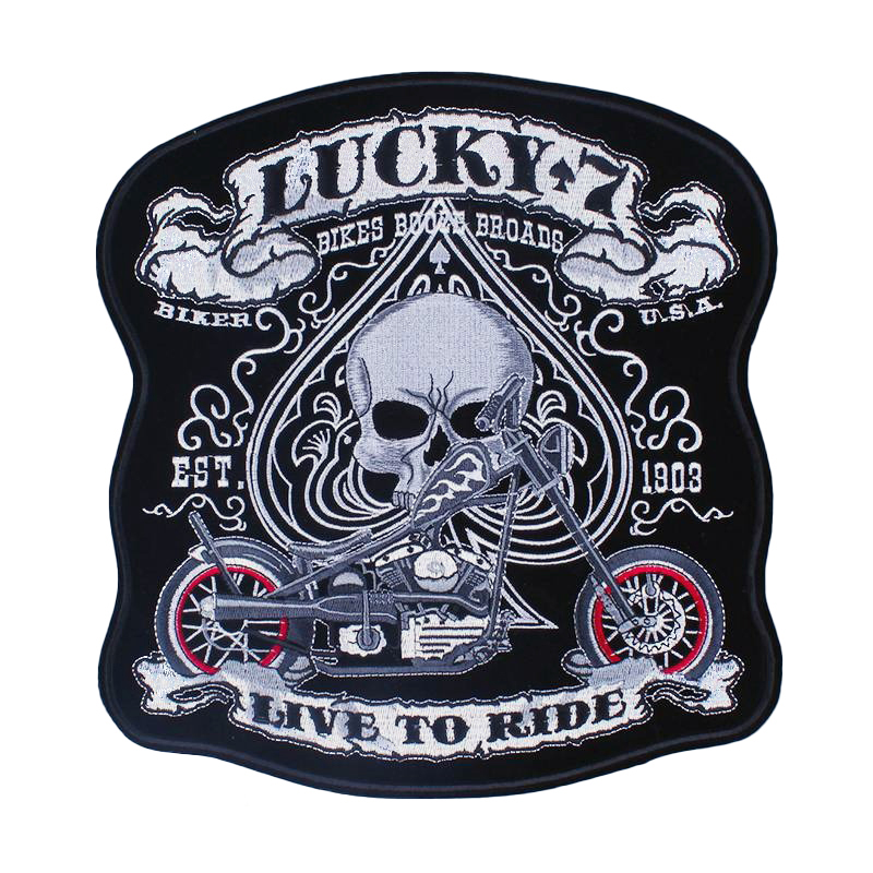 Lucky 7 embroidered iron-on patch featuring a skull and motorcycle design for biker jackets.